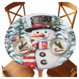 EwdeWwo Christmas Elastic Round Tablecloth, Snowman Snowflake Forest Winter Xmas Fitted Tablecloths for Round Table Oil-Proof Waterproof Table Cloth (Fit for 45" - 54" Round Tables)