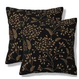 ZYLITHO Boho Flowers Throw Pillow Covers Black Gold Floral Leaves Square Pillow Cases 18x18 Inch Set of 2 Vintage Flower Leaf Pillowcase Decorative Cushion Cover for Home Bedroom Couch Sofa - Retail: 