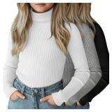 LessonZoo 3 Pack Girls Turtleneck Long Sleeve Shirts Ribbed Knit Cotton Layer Tops Slim Fit Casual Undershirts (Black, White, Light Gray, Large Youth)