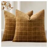MIULEE Decorative Chenille Check Throw Pillow Covers Vintage Plaid Couch Pillows 20x20 Inch Set of 2 Neutral Boho Farmhouse Cushion Covers Modern Home Decor for Sofa Bed Living Room Brown Sugar