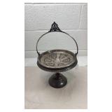 Vintage Silver Plated Ornate Stand Tray - Engraved Circular Dish w/ Swing Hoop Handle