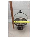 Vintage Silver Plated Ornate Stand Tray - Engraved Circular Dish w/ Swing Hoop Handle