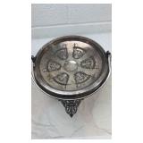 Vintage Silver Plated Ornate Stand Tray - Engraved Circular Dish w/ Swing Hoop Handle