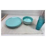Turquoise Dinnerware Set with Textured Glasses