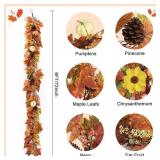 Fall Garland - 6 Ft Maple Leaf Pumpkin Berry Garland - Fall Decor Garlands with 30 Warming Lights for Thanksgiving Halloween Mantel Table Indoor Outdoor Decor - Retail: $30