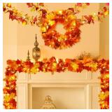 4 Pack Fall Garland with Lights, Fall Leaves for Mantle, Outdoor Lighted Up Leaf Garland Autumn Decor with 6.5FT LED Lights, Maple Leaves for Table, Home, Indoor, Thanksgiving Decorations - Retail: $2