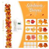 4 Pack Fall Garland with Lights, Fall Leaves for Mantle, Outdoor Lighted Up Leaf Garland Autumn Decor with 6.5FT LED Lights, Maple Leaves for Table, Home, Indoor, Thanksgiving Decorations - Retail: $2