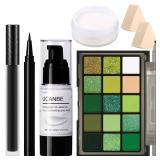Green Halloween Makeup Kit Zombie Witch Beetle Juice Monster Makeup Set for SFX Costume Cosplay with Eyeshadow Palette, White Foundation, Black Lipstick, Eyeliner, Setting Powder & Sponges - Retail: $