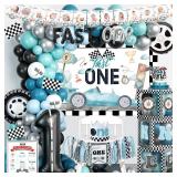 Fast One Birthday Decorations for Boys, 1st Birthday Decorations Boy, Vintage Car Themed Backdrop Balloon Banner Boxes Crown Poster for Retro Blue First Party Supplies - Retail: $30