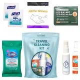 Travel Cleaning Supplies Kit - Travel Size Cleaning Supplies For Hotels, Bathrooms with Gloves, Surface Wipe, Fabric Cleaner, Air Cleaner, Hand Wipes, Bed Bug Wipes - Retail: $30