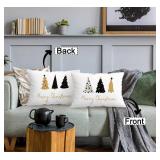 White Christmas Pillow Covers 12x20, Tree Pillow Cases, Winter Decor, White Black Gold Merry Reversible Decorative Throw Pillows Cover - Retail: $7