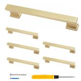 5 Pack 5 Inch Cabinet Handles Brushed Satin Brass Dresser Drawer Pulls, Modern Kitchen Cabinet Door Handles, 5 Inch Hole Center