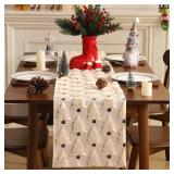 Christmas Table Runner 13x72 Inch Soft Plush Faux Fur Jacquard Beige Christmas Tree Table Runner, Seasonal Autumn Kitchen Dining Table Decoration for Home Party Decor ZR001A72 - Retail: $13
