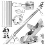 Flag Pole Kit- Stainless Steel 6 FT Flag Poles with1 Inch Metal 360Â° Rotating Flag Pole Rings Clip, Two-Position Flag Pole Holder Brackets Mounting for Outside House Outdoor Porch (6 FT-Sliver) - R