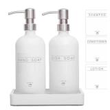 Glass Soap Dispenser for Kitchen,16oz Modern Hand and Dish Soap Dispenser with Stainless Steel Pump and Wood Tray for Bathroom with Waterproof Labels (White Bottles+Silver Pumps) - Retail: $24