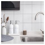 Glass Soap Dispenser for Kitchen,16oz Modern Hand and Dish Soap Dispenser with Stainless Steel Pump and Wood Tray for Bathroom with Waterproof Labels (White Bottles+Silver Pumps) - Retail: $24