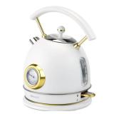 Retro Electric Kettle Stainless Steel, 1.8L Tea Water Boiler, 1500W Fast Quiet Boil, Temperature Gauge, Auto Shut-Off, Boil-Dry Protection, White Champagne Gold.  POWERS ON. Needs a Good Cleaning. - R