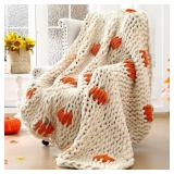 Chunky Knit Throw Blanket Large 50 X 60" 100% Handmade Cream Chenille Loop Yarn Fluffy Soft Knitted Throw Big Cozy Thick Cable Knit Crochet Blanket for Couch Sofa Bed (Orange,Pumpkin) - Retail: $60"