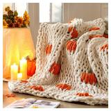 Chunky Knit Throw Blanket Large 50 X 60" 100% Handmade Cream Chenille Loop Yarn Fluffy Soft Knitted Throw Big Cozy Thick Cable Knit Crochet Blanket for Couch Sofa Bed (Orange,Pumpkin) - Retail: $60"