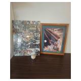 Baseball Memorabilia Collection with Framed Art and Display Ball