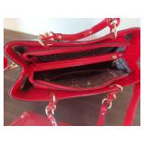 Red Patent Leather Handbag and Wallet with Gold Hardware