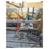 Decorative Metal Plant Stand with Woven Base Shelf and Hose Hanger