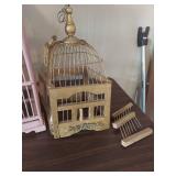 Decorative Bird Cage Set - Pink Pagoda & Gold (needs repaired)