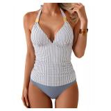 B2prity Halter Tankini Swimsuit for Women Tummy Control Two Piece Bathing Suit V Neck Swimwear with Shorts Blue Striped, 2XL - Retail: $39