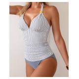B2prity Halter Tankini Swimsuit for Women Tummy Control Two Piece Bathing Suit V Neck Swimwear with Shorts Blue Striped, 2XL - Retail: $39