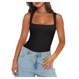 REORIA Womens Summer Sexy Sleeveless Square Neck Double Lined Going Out Cute Thong Bodysuit Tank Tops Black Small - Retail: $25