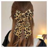 Leopard Bow Hair Clips,Big Bow Clips with Long Tail, Brown Satin Hair Ribbon Barrette Ponytail Hair Accessories for Women Girls Cheetah Print Hair Clips