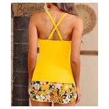 Women Yellow Flowers Tankini Swimsuits with Shorts - Two Piece Tummy Control Bathing Suits Top with Two Pockets Bottom Swimwear L - Retail: $38