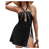 Zilcremo One Piece Swim Dress Tummy Control Swimsuits for Women Cutout Color Block Sexy Skirted Bathing Suit Black White XL - Retail: $39
