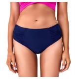 COCOPEAR Full Coverage Bikini Bottoms for Women Ruched Tummy Control Swim Bottoms Mid Rise Bathing Suit Bottoms for Women Navy M - Retail: $20