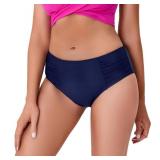 COCOPEAR Full Coverage Bikini Bottoms for Women Ruched Tummy Control Swim Bottoms Mid Rise Bathing Suit Bottoms for Women Navy M - Retail: $20