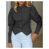 Tankaneo Womens Puff Sleeve Button Down Shirts Cropped Mock Neck Fitted Tops Fall Dressy Casual Cotton Blouse Black - Retail: $19