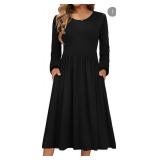Zeagoo Casual Fall Dresses for Women Long Sleeve Midi Dress Boho Crew Neck Ruffle Beach Dresses Loose Tshirt Dress with Pockets PAT4 XXL - Retail: $38