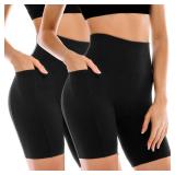 Leafigure 2 Pack Womens Biker Shorts with Pockets, High Waisted Tummy Control Yoga Shorts for Women Running Gym and Workout Black L-XL - Retail: $10