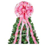 Fangleland Candy Theme Christmas Tree Topper Bow, Sweets Print Xmas Tree Topper Ribbon Hanging Ornament for Christmas Decorations Holiday Supplies Home Classroom Office Decor