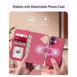 iPhone 16 Plus Case Wallet, Detachable Flip Folio Leather Cover-Hot Pink