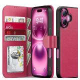 iPhone 16 Plus Case Wallet,Detachable Flip Folio Leather Cover, Hot Pink