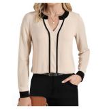 Long Sleeve V-Neck Blouse with Modern Color Block | Office to Dinner Stretch Top Apricot