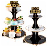 Willinglong 2 Pack HOCO Thick Cardboard Cake Stand HOCO 2025 Party Decoration Homecoming 3 Tier Paper Dessert Round Cupcake Holder Tower Disposable Stand Black and Gold Party Supplies