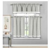3 Piece Plaid  Checkered  Gingham Kitchen Curtain Set: 35% Cotton  1 Valance  2 Tier Panels  with Crochet Accent (Platinum)
