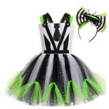 Kids Halloween Costume Black White Stripe Tulle Tutu Dress with Headband Set Carnival Fancy Dress Black White Stripe-Green 4-5 T