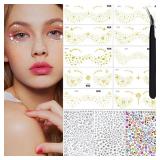 Gold Glitter Freckles Face Tattoo Makeup - Fake & Faux Freckles, Sparkle, Waterproof, Temporary Face Tattoos - Jewels &Stickers - 13 Sheets for Women