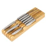 KitchenEdge Bamboo Kitchen Knife Block Holder Organizer - Holds 5 Long + 6 Short Knives (Not Included), Fits Most Knife Sizes, Rubber Feet, Sustainable Bamboo, In-Drawer Design