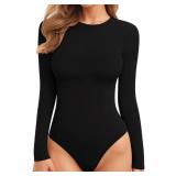 MANGOPOP Womens Bodysuit Long Sleeve Crew Neck Body suit for Women Ribbed Bodysuits Shirts, Black, Small