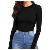 MANGOPOP Womens Bodysuit Long Sleeve Crew Neck Body suit for Women Ribbed Bodysuits Shirts, Black, Small