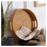 JUNGLE CULTURE® Handcrafted Round Wicker Tray 14  Large Decorative Rattan Serving Basket for Coffee Table, Ottoman, Kitchen Counter  Boho Woven Home Decor Centerpiece  Natural Circle Trays 
